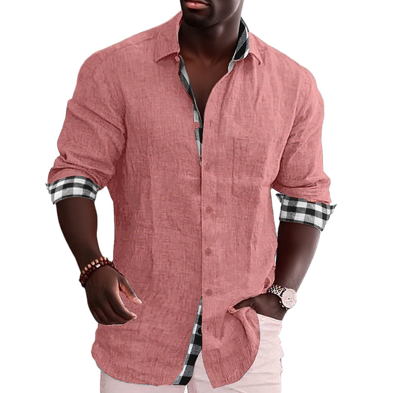 Men's linen mix casual shirt with contrasting check cuffs and a patch breast pocket StylebySassy