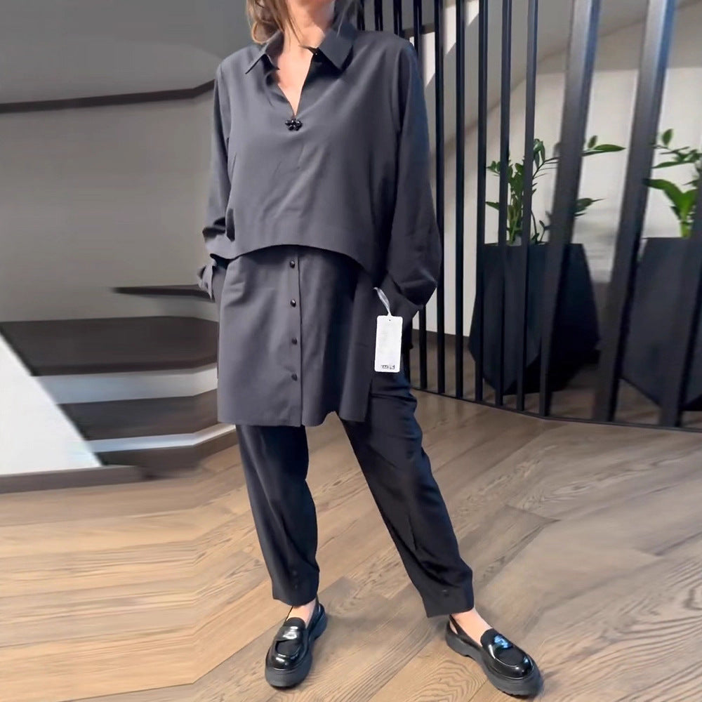 Women's Urban Layered Shirt Set with Overlapping Short Overlay and Tapered Pleated Trousers StylebySassy