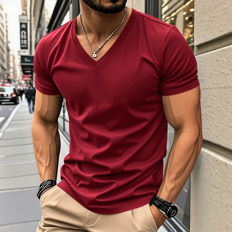 Men's classic V-neck T-shirt made of fine cotton jersey with reinforced neckband and double stitching StylebySassy