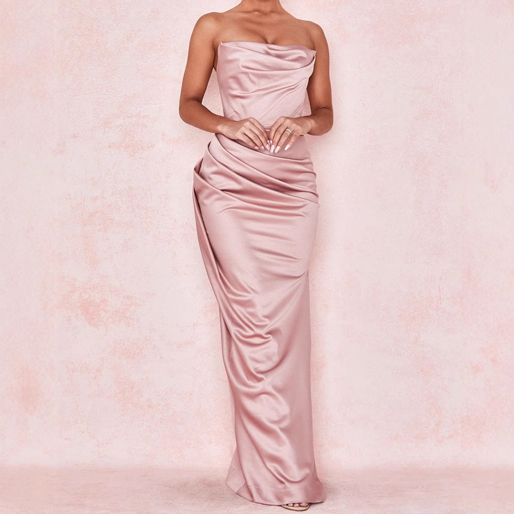 Ladies nan luxurious satin evening dress with draped bustier tailored draping and slim column silhouette StylebySassy