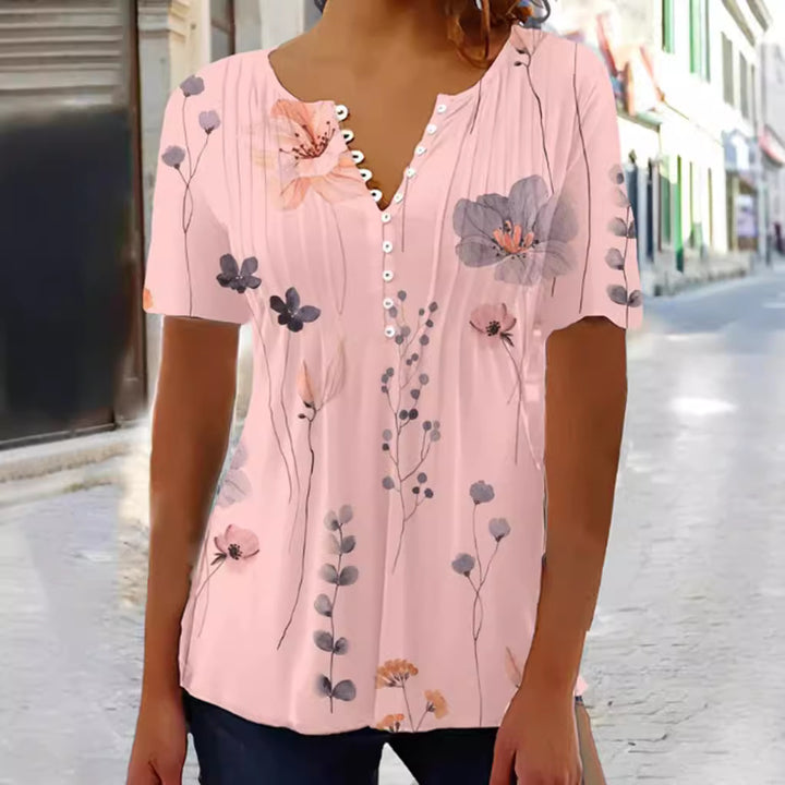 Women nan lightweight viscose tunic with decorative tuck pleats, half button placket and watercolor flower print StylebySassy
