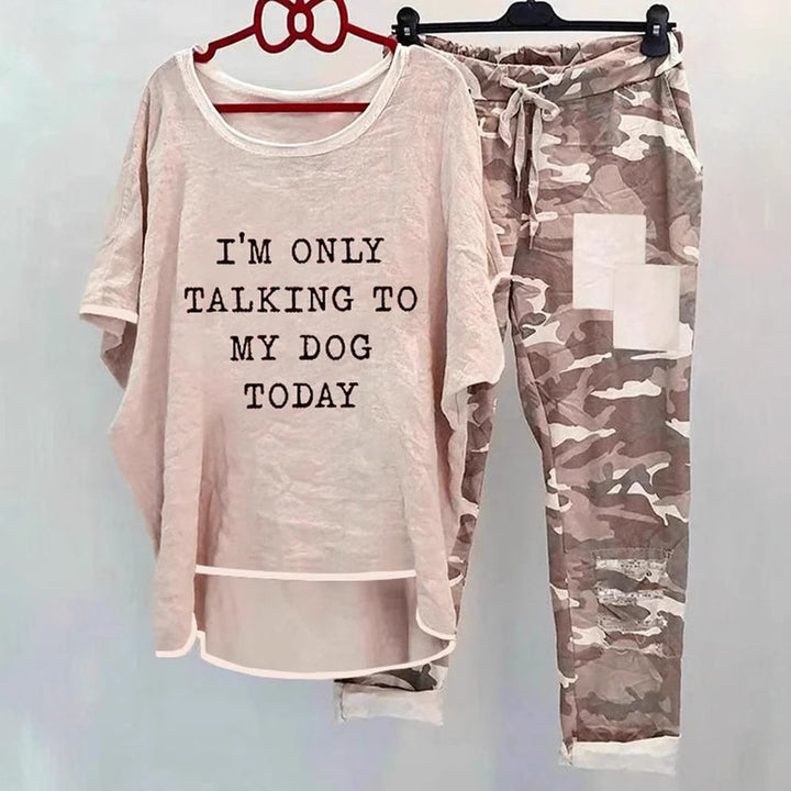 Women casual wide set with slogan print, loosely cut long shirt and camouflage joggers StylebySassy