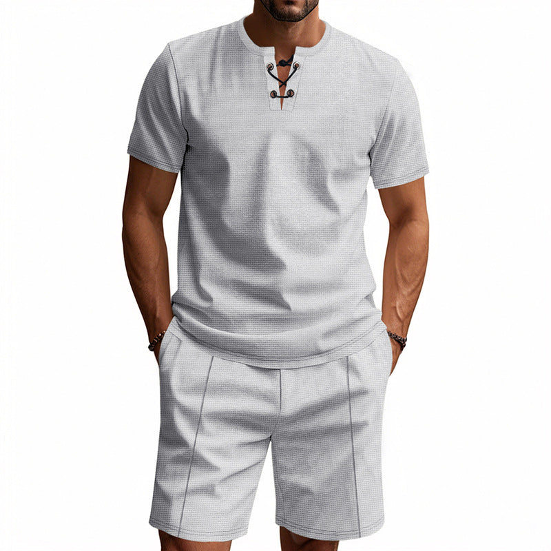 Men's short-sleeved lace-up collar shirt in waffle jersey with pleated Bermuda StylebySassy
