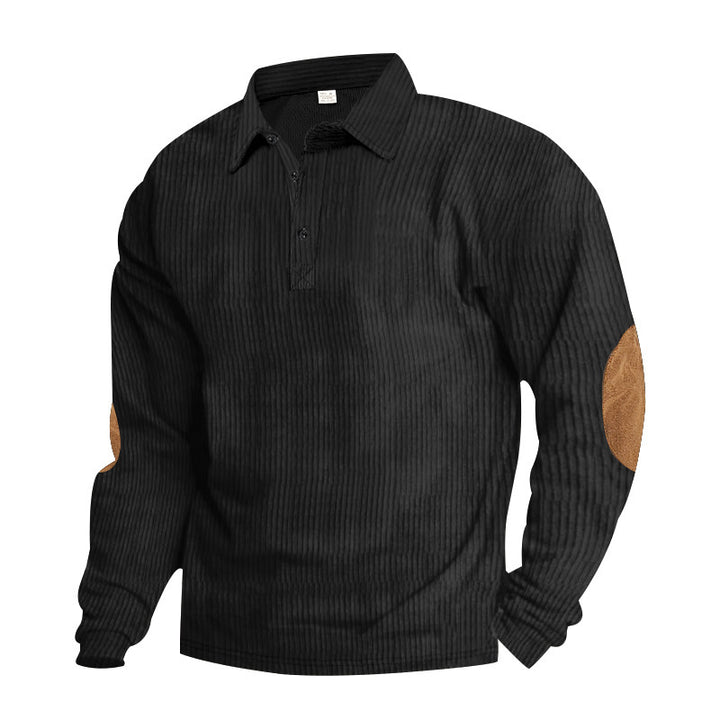 Men's heavy ribbed cotton polo sweater with Kent collar, triple button placket, and suede elbow patches StylebySassy