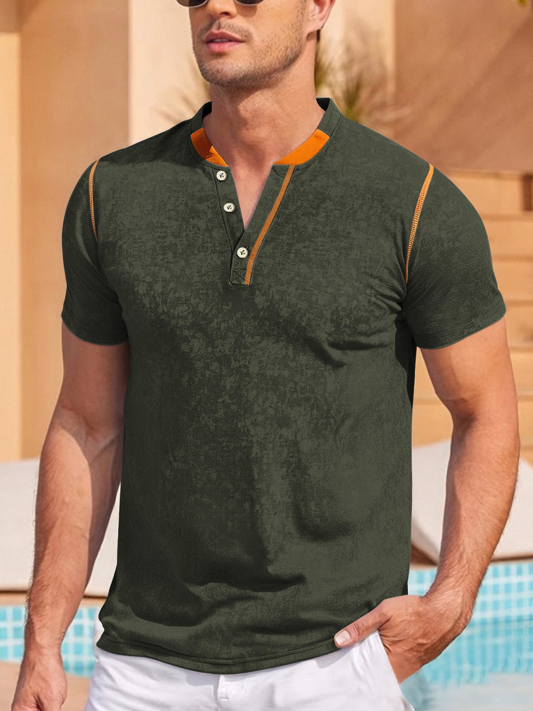 Men's casual short sleeve Grandad shirt with short button placket, contrast piping and washed soft structure StylebySassy