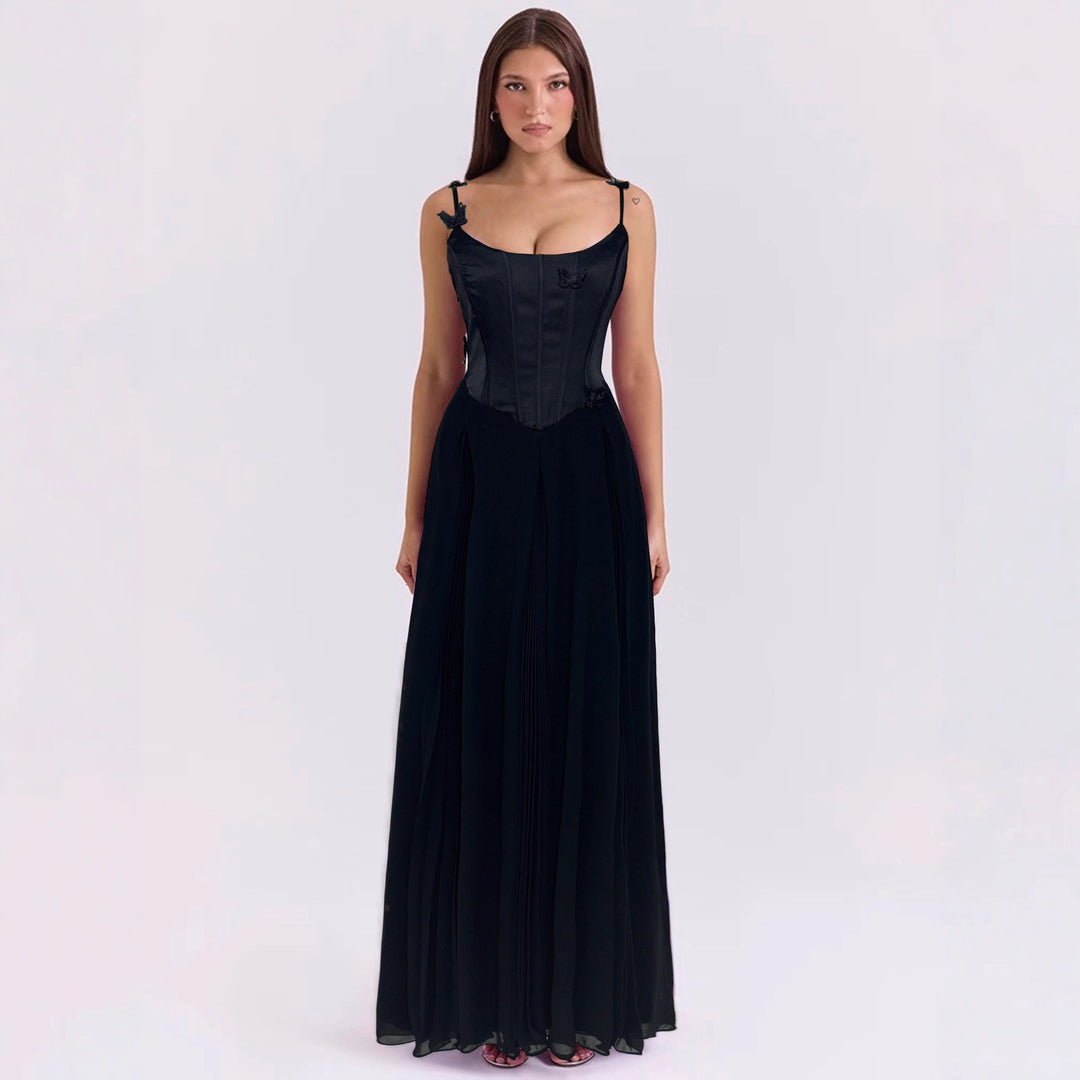 Women's bodycon corset maxi dress with butterfly straps and pleated chiffon skirt StylebySassy