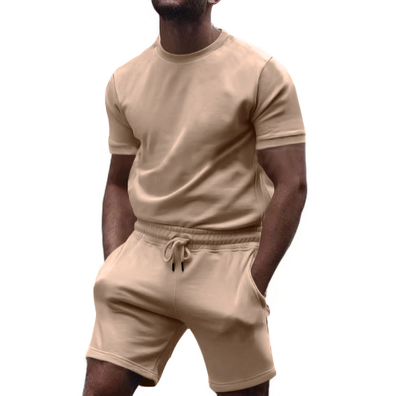 Men's minimalist jersey ensemble with comfortable round neck shirt and elastic drawstring shorts StylebySassy