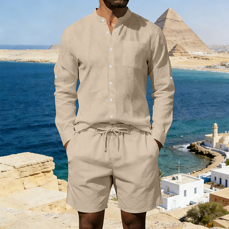 Men's casual linen set with stand collar shirt and drawstring shorts StylebySassy