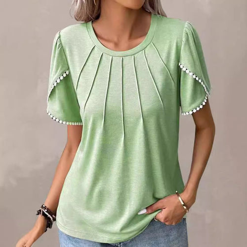 Women's round neck shirt with decorative pleated front, flutter sleeves and pompom trim StylebySassy