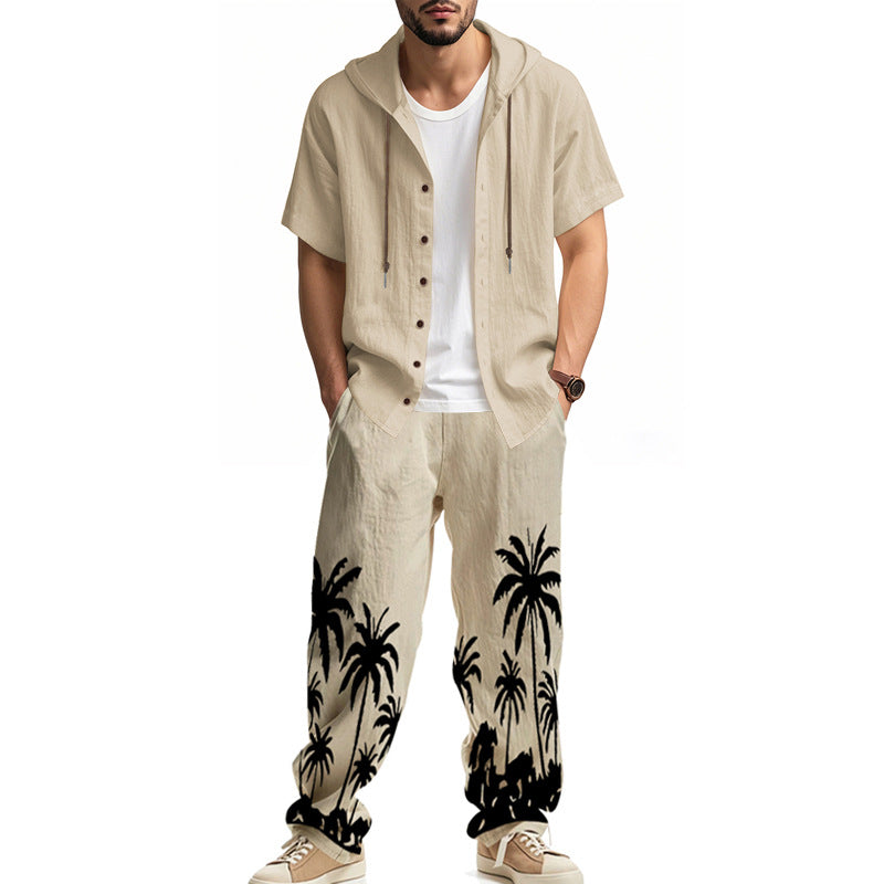 Men's casual summer ensemble with hoodie and wide palm motif pants StylebySassy
