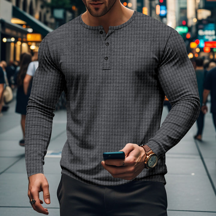 Men's fitted long-sleeve shirt with round neck button placket and waffle structure StylebySassy