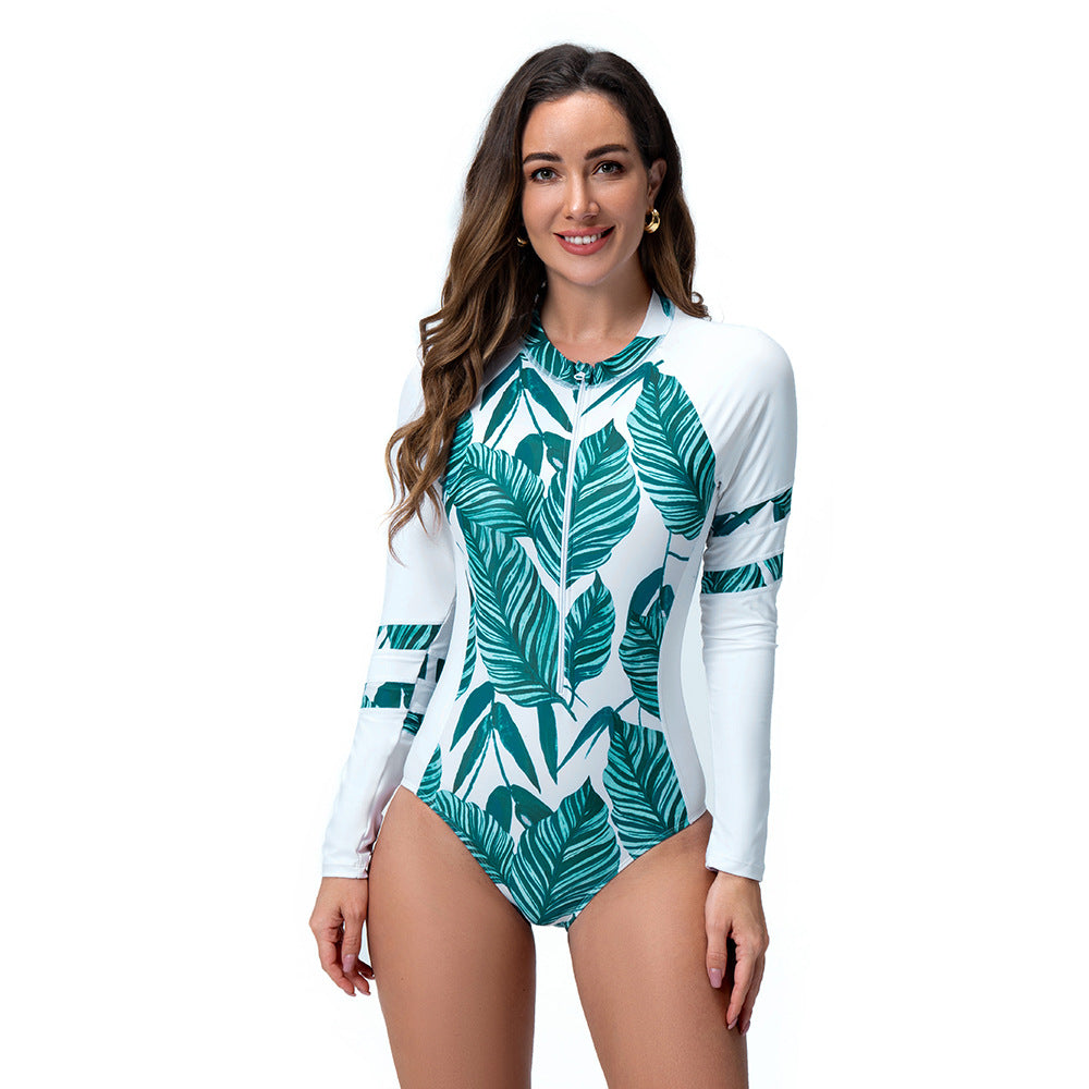 Women's Long Sleeve Swimsuit with Exotic Leaf Design StylebySassy