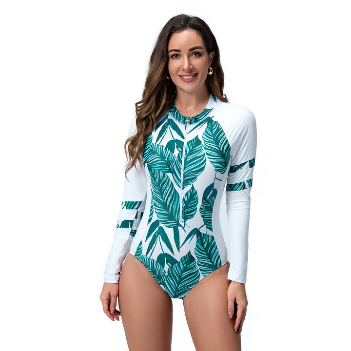 Women's Long Sleeve Swimsuit with Exotic Leaf Design StylebySassy