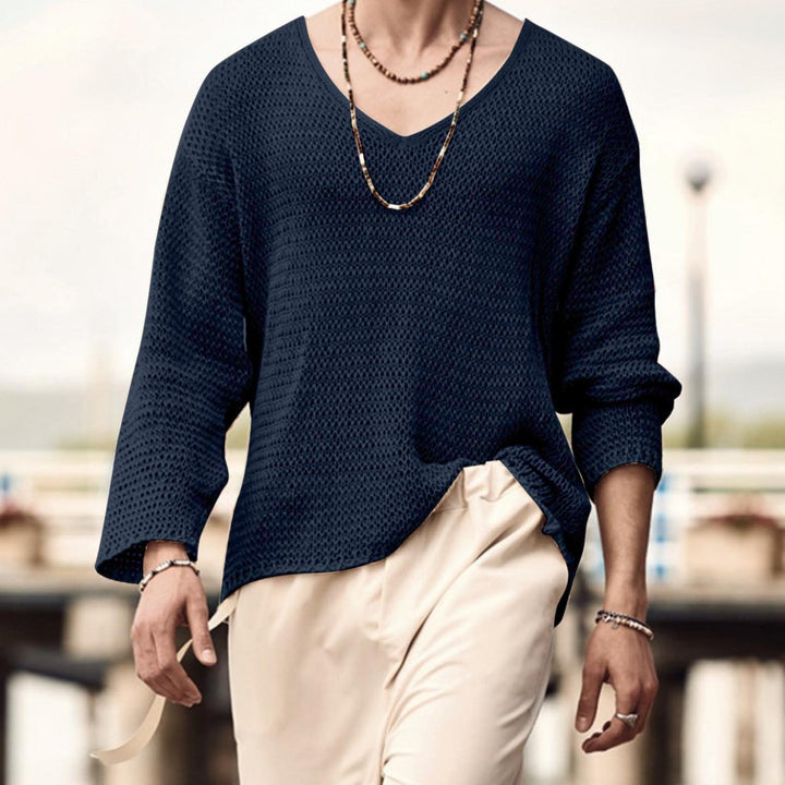 Men's structured waffle knit long sleeve shirt with V-neck and warming thermoeffect StylebySassy