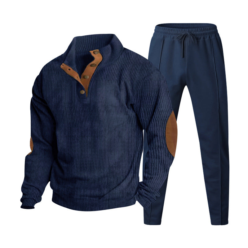 Men's ribbed Henley leisure suit with decorative button placket and suede elbow patches tapered joggers StylebySassy