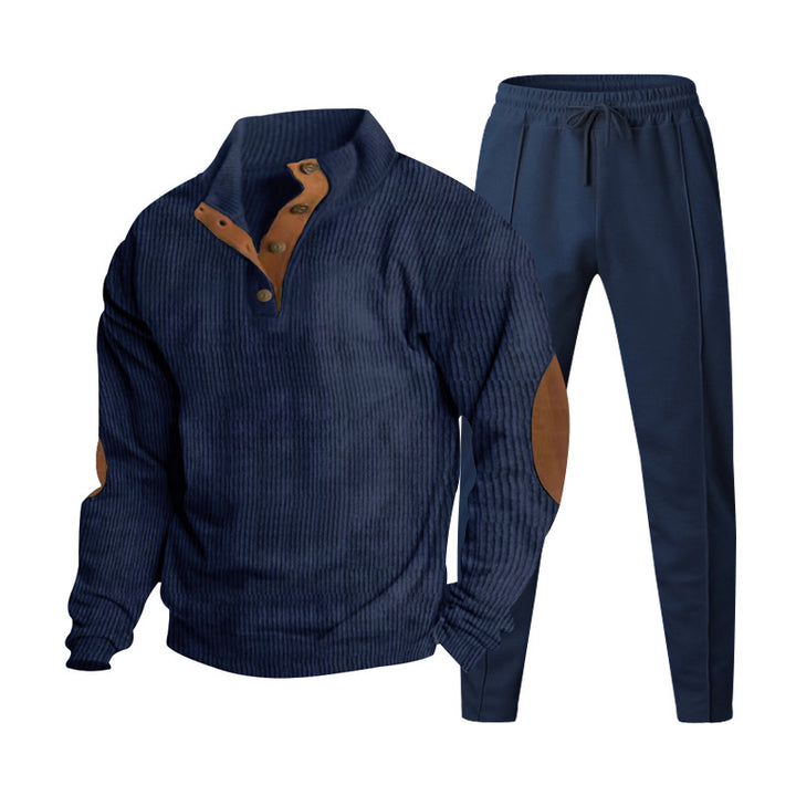 Men's ribbed Henley leisure suit with decorative button placket and suede elbow patches tapered joggers StylebySassy