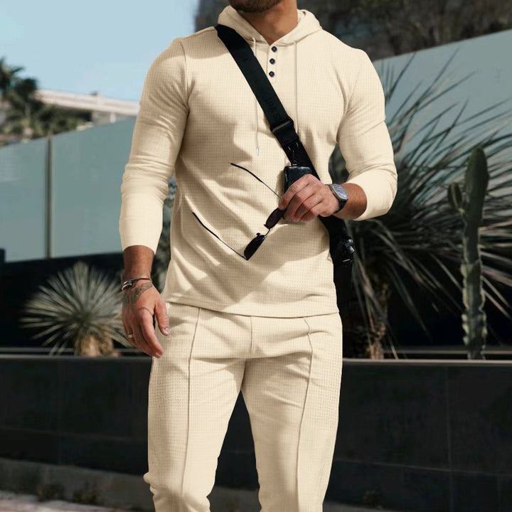 Men's slim-fitting hooded shirt with Henley button placket and tapered chinos set StylebySassy