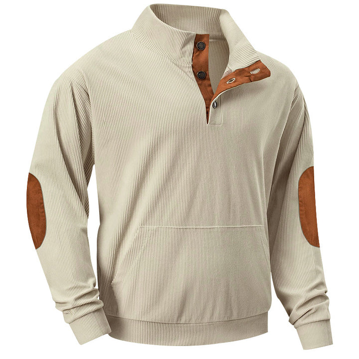 Men's fine ribbed stand-up collar sweater with button placket, kangaroo pocket, and suede elbow patches StylebySassy