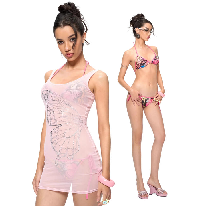 Women Shaping Mini Dress with Butterfly Motif and Glitter Stones StylebySassy