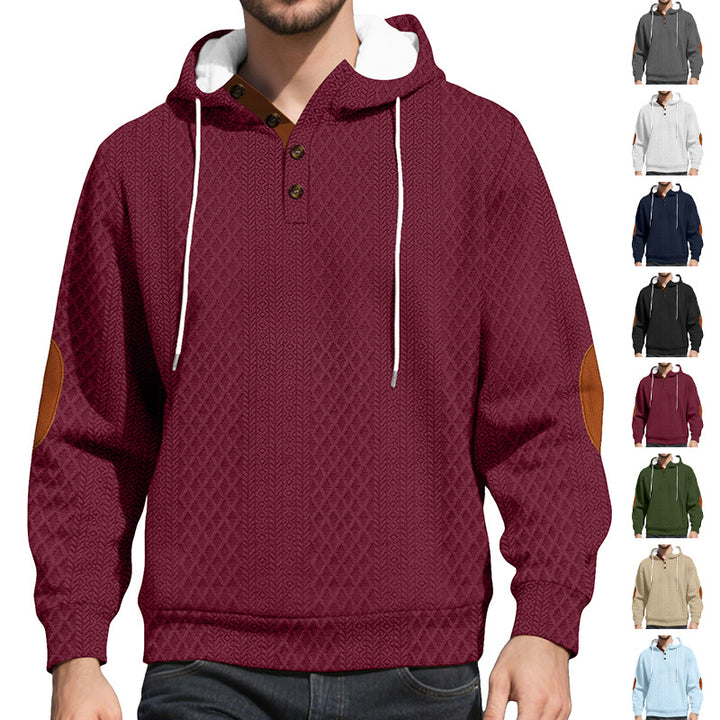 Men's nan diamond structure hoodie with short button placket, quilted hood inner edge, and suede elbow patch StylebySassy