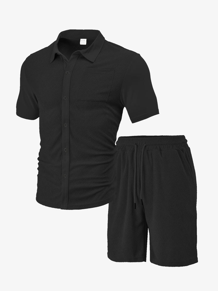 Men's buttoned leisure set with shirt collar herringbone structure chest pocket and drawstring shorts StylebySassy