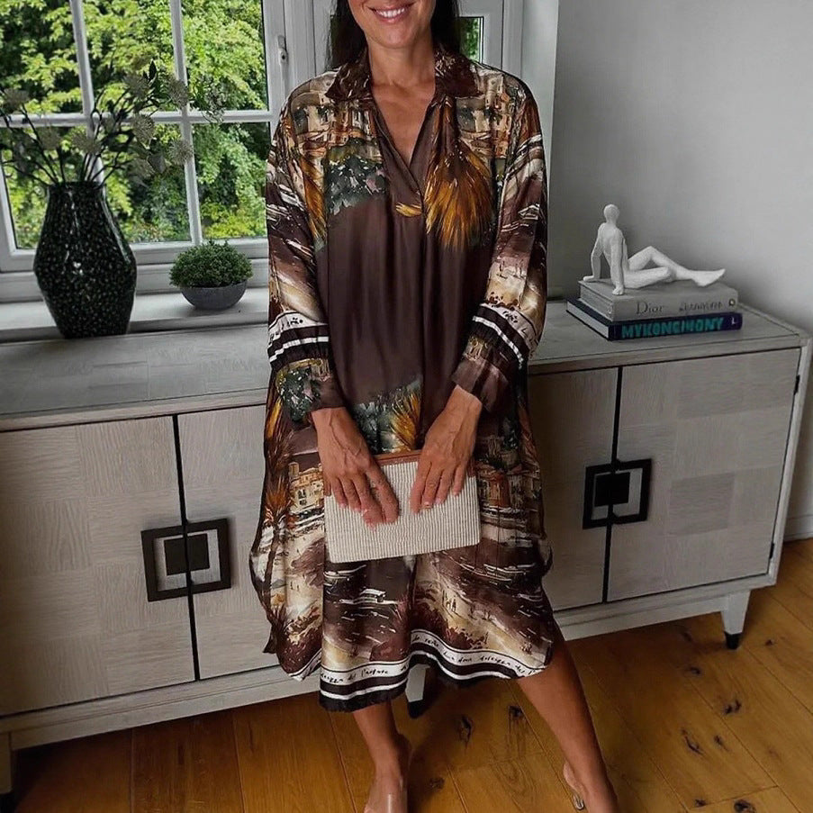 Women's blouse dress in silk look, kaftan style, with an illustrative coastal print StylebySassy