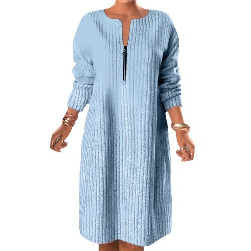 Women’s knitted ribbed tunic dress with half zip and casual A-line StylebySassy