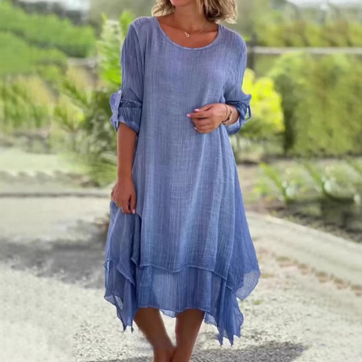 Women’s loose muslin layer midi dress with A-line and roll-up sleeves StylebySassy