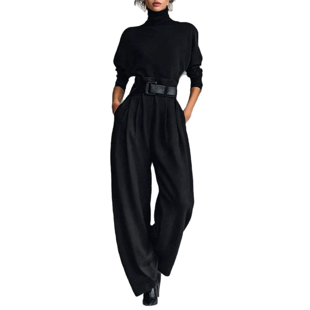 Ladies high-cut elegant pleated trousers with wide leg and roll-neck fine-knit top StylebySassy