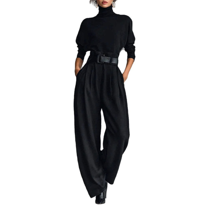 Ladies high-cut elegant pleated trousers with wide leg and roll-neck fine-knit top StylebySassy