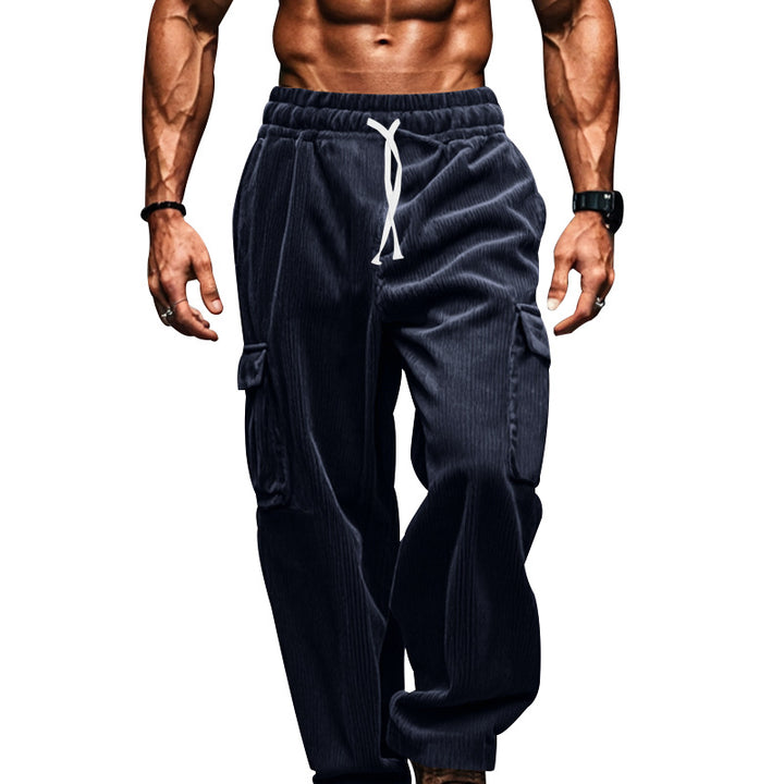 Men's oversized corduroy cargo pants with elastic drawstring waistband and multiple pockets StylebySassy
