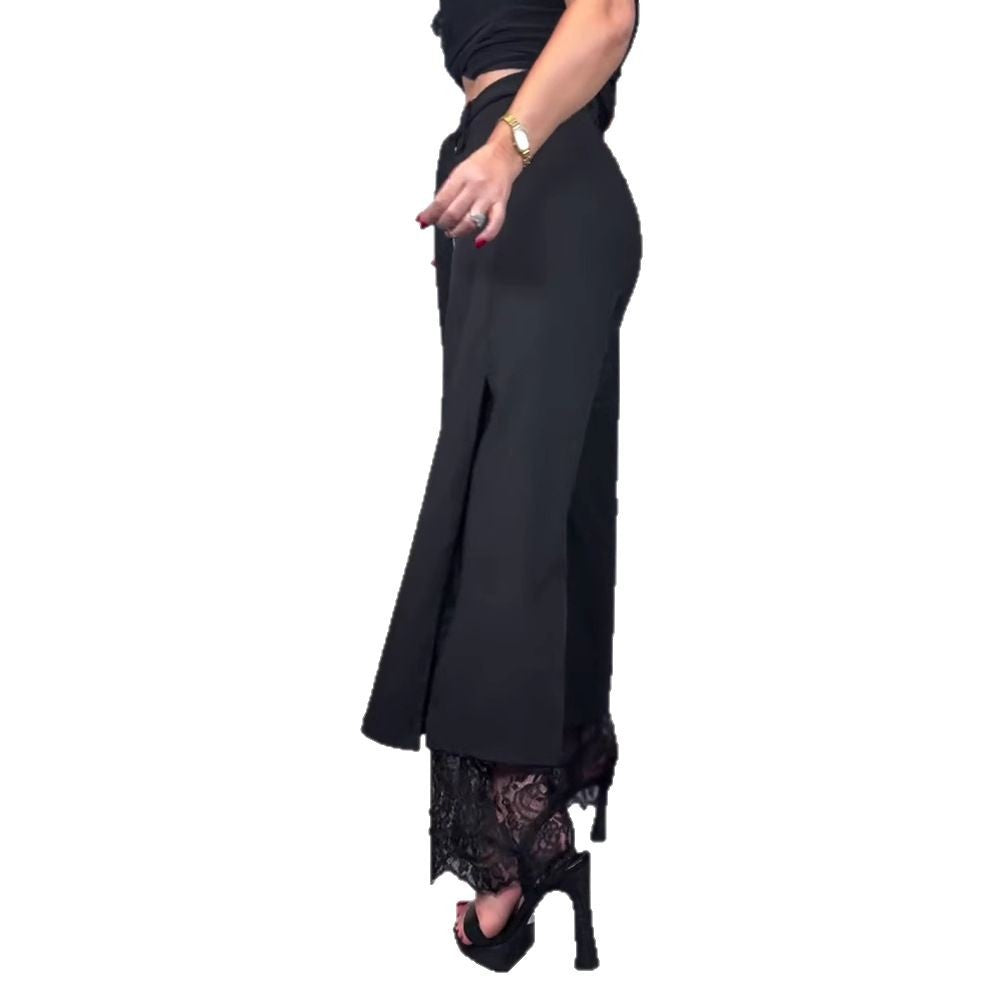 Women high-waisted tailored trousers with side slit, transparent lace underlay and tie belt StylebySassy