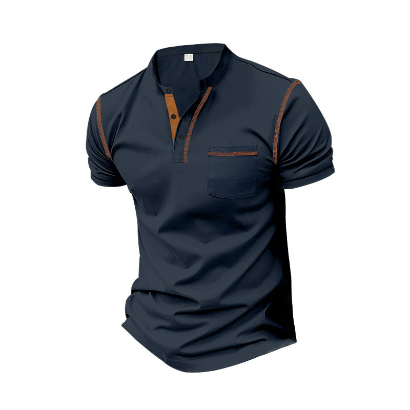 Men's short-sleeve polo in Henley style with stand-up collar, chest pocket and contrast stitching StylebySassy