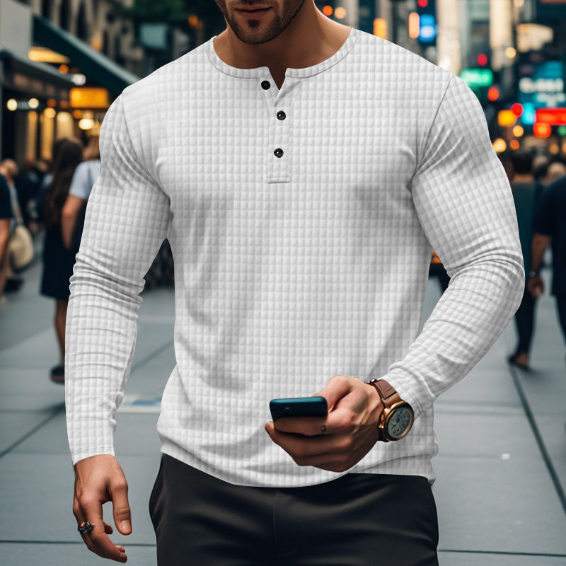 Men's fitted long-sleeve shirt with round neck button placket and waffle structure StylebySassy