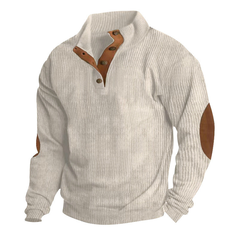 Men's chunky knit sweater with stand-up collar, button placket, and faux leather elbow patches StylebySassy