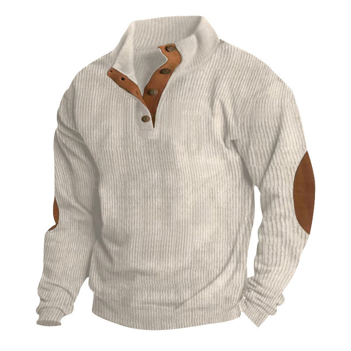 Men's chunky knit sweater with stand-up collar, button placket, and faux leather elbow patches StylebySassy