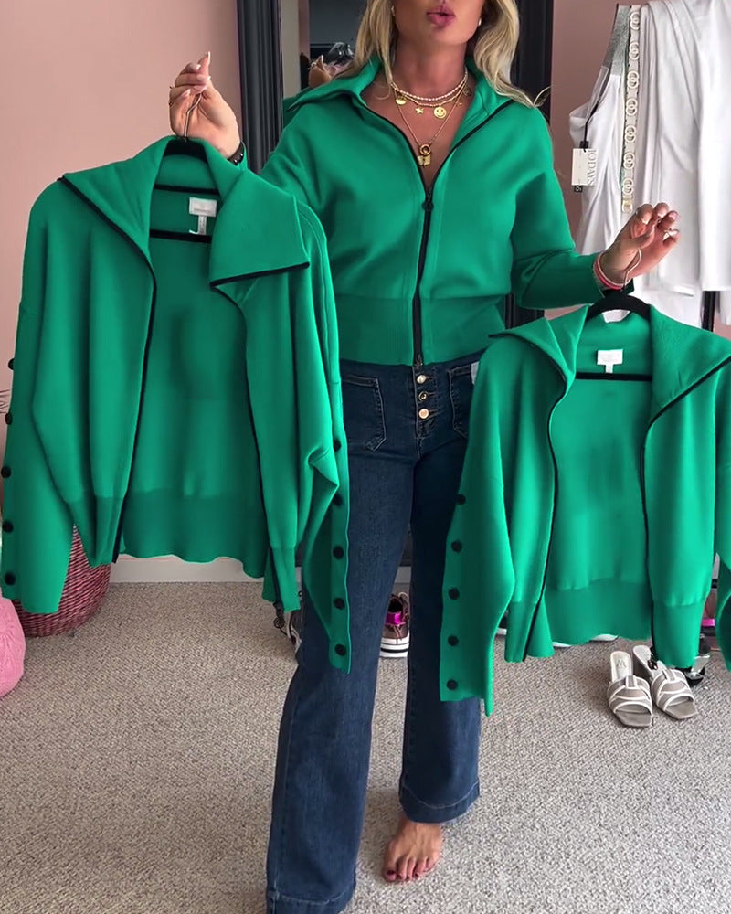 Women's short hooded knitted zip jacket with wide ribbed hem and decorative buttons on sleeves StylebySassy