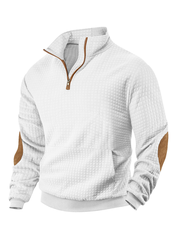 Men's waffle texture half-zip with stand-up collar, kangaroo pocket, and suede look elbow patches StylebySassy