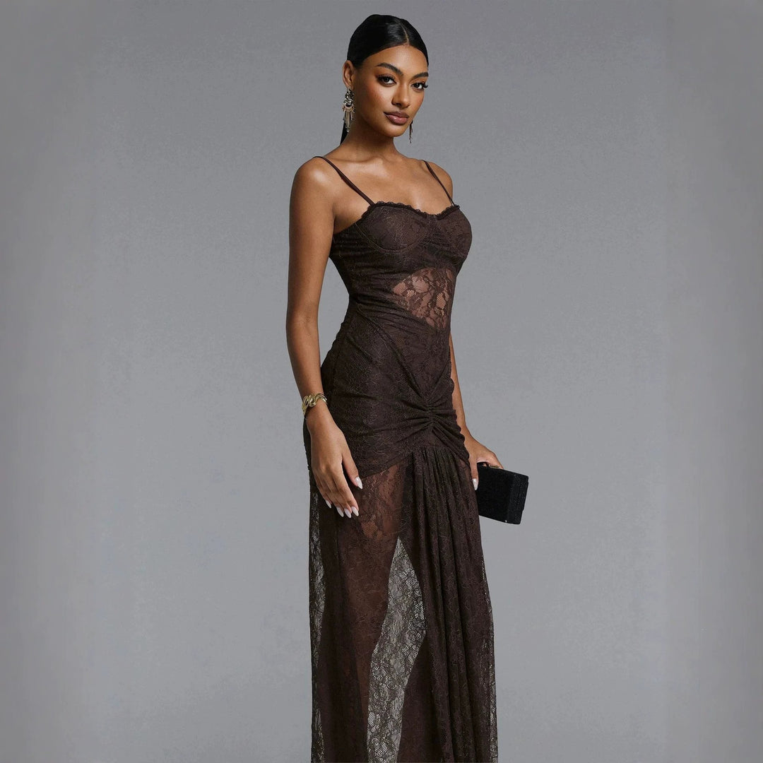 Women Elegant Lace Maxi Dress with Sophisticated Draping StylebySassy