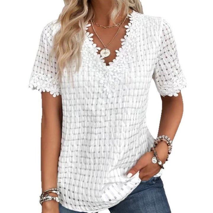Women's lightweight structured shirt with check mesh, decorative lace trim at the V-neck and short sleeve hems StylebySassy