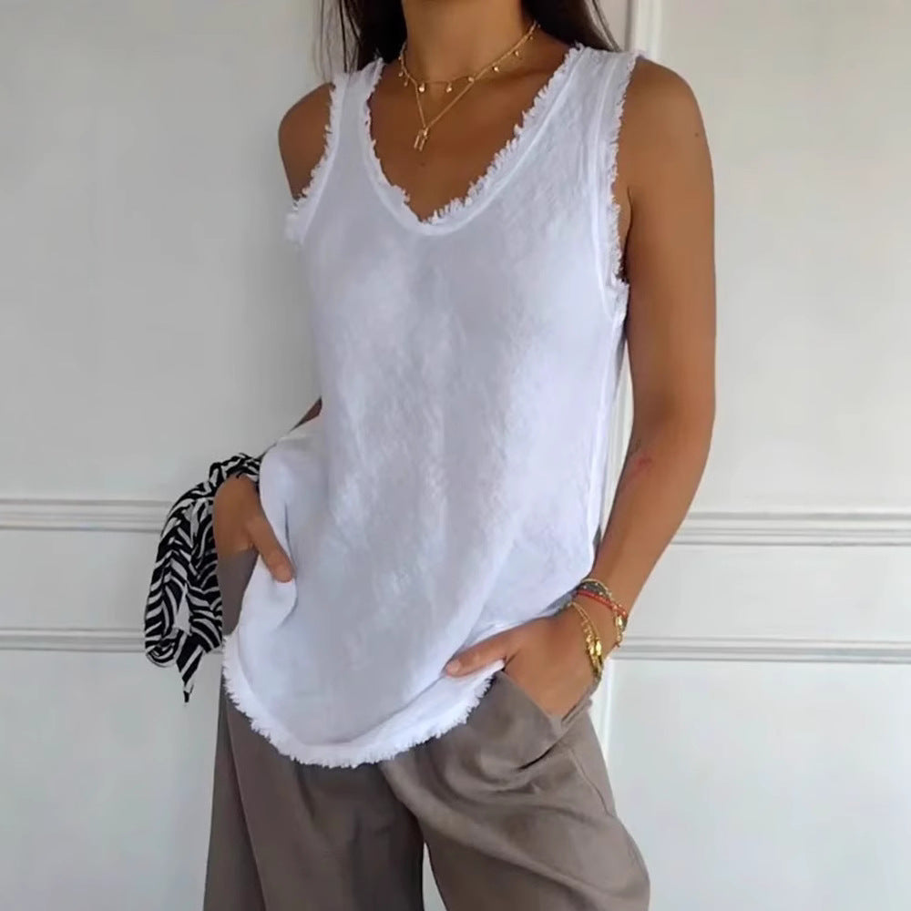 Women's casual linen look tank top with frayed hem U-neck and loose hip length StylebySassy