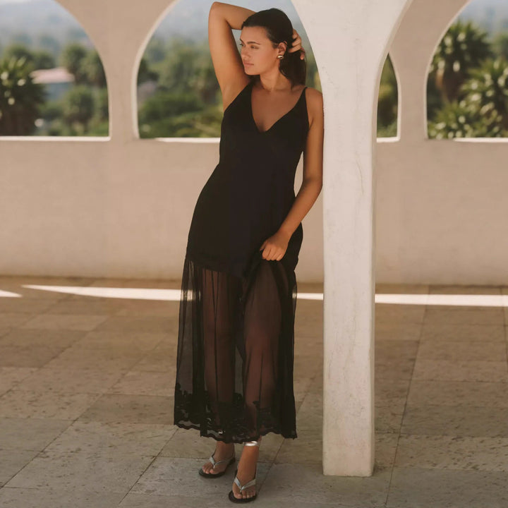 Ladies two-piece maxi dress with V-neck, spaghetti straps, and transparent tulle skirt StylebySassy