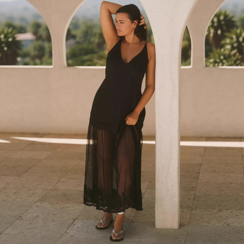Ladies two-piece maxi dress with V-neck, spaghetti straps, and transparent tulle skirt StylebySassy