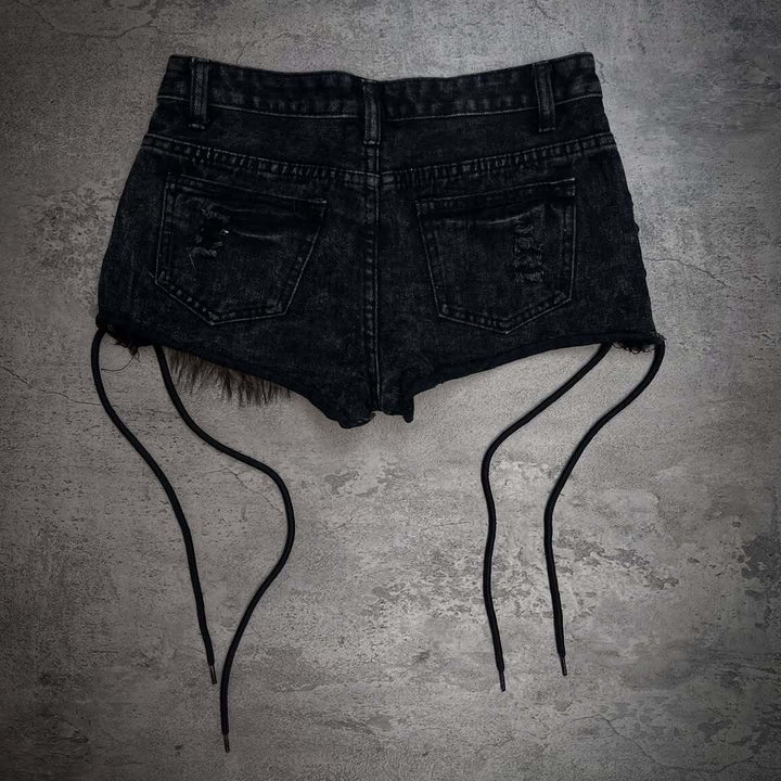 Ladies fashionable denim shorts with unique lacing details and faux fur appliqué StylebySassy