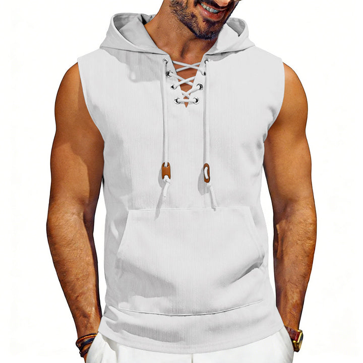 Men's sleeveless hooded vest with lace-up V-neck, kangaroo pocket, and casual fit StylebySassy