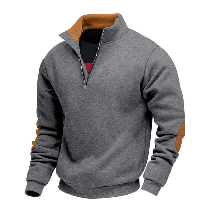 Men's nan Sweatshirt with half zipper, stand collar, and suede elbow patches StylebySassy