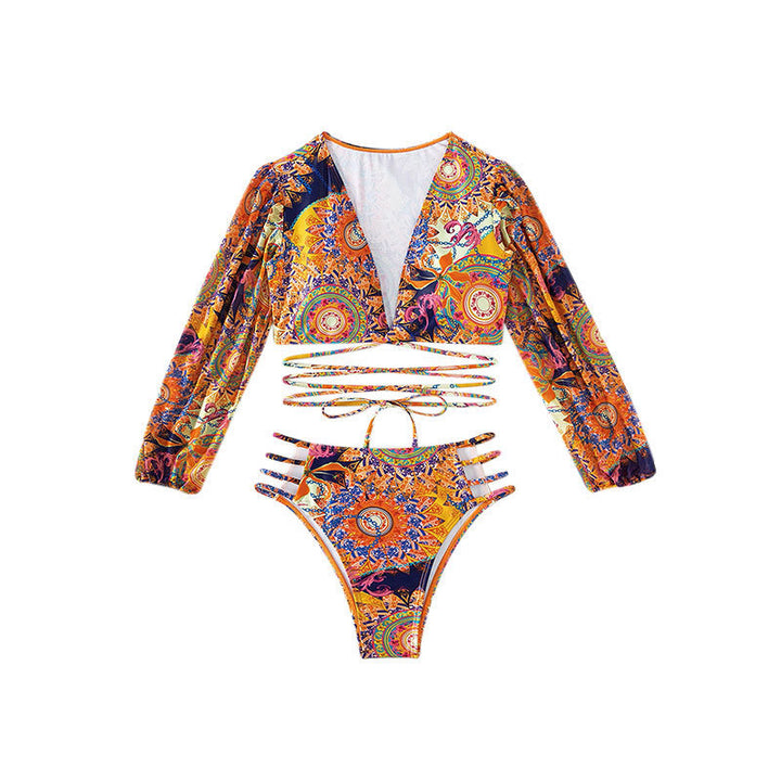Women's bikini set with long-sleeved top and intricate cut-outs