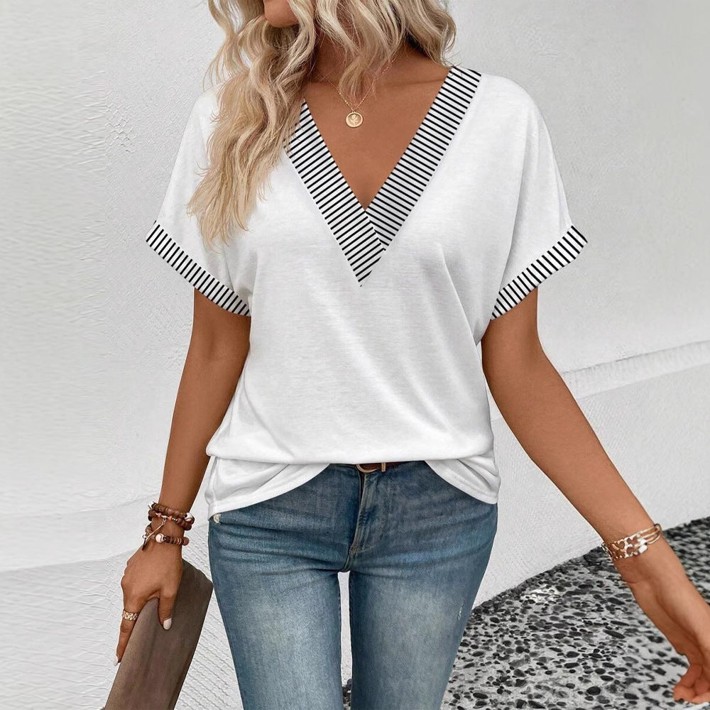 Ladies casual short sleeve shirt with deep V-neckline, striped piping and loose fit StylebySassy