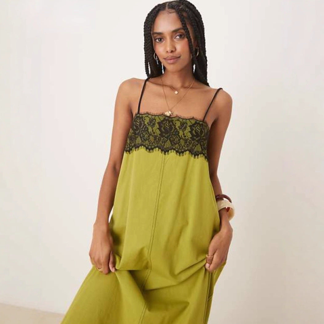 Women's nightgown inspired maxi dress with lace bustier and narrow spaghetti straps StylebySassy