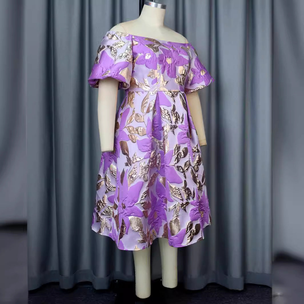 Ladies Off-Shoulder Dress with Floral Embossed Details StylebySassy